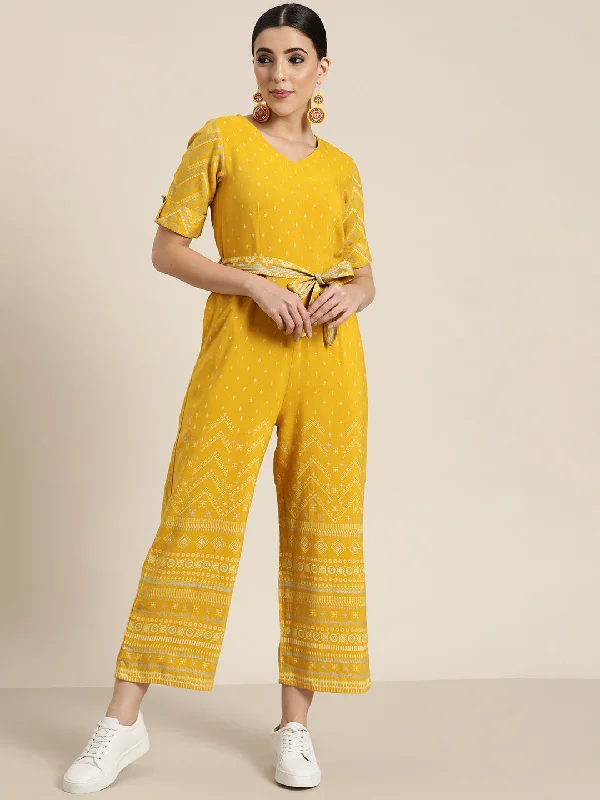 women's fitted jumpsuitsJuniper Mustard Ethnic Motif Printed Rayon Flex Jumpsuit.