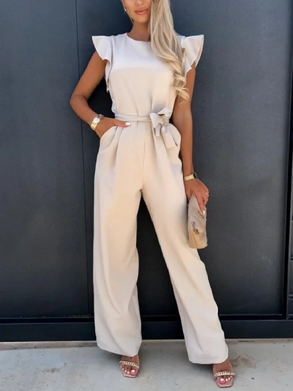 women's jumpsuits for moisture-wicking materialsRuffled Round Neck Cap Sleeve Jumpsuit