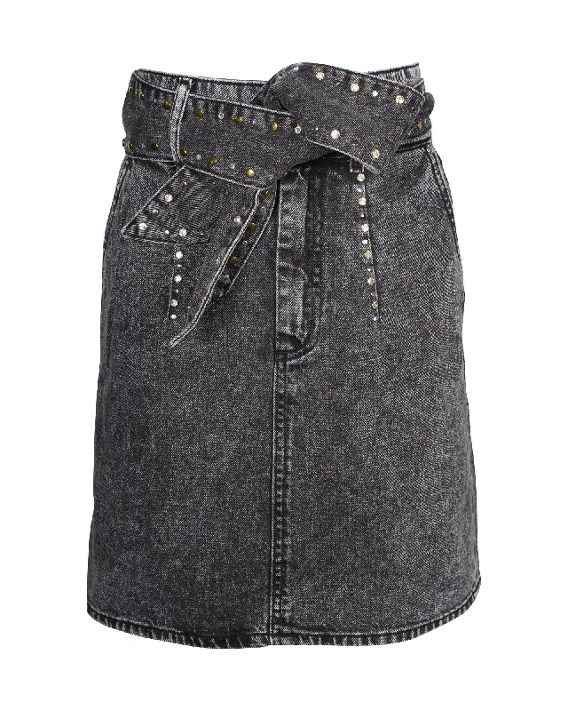 women's tulip skirtsSandro Paris Fredie Belted Embellished Acid-wash Denim Mini Skirt in Grey Cotton