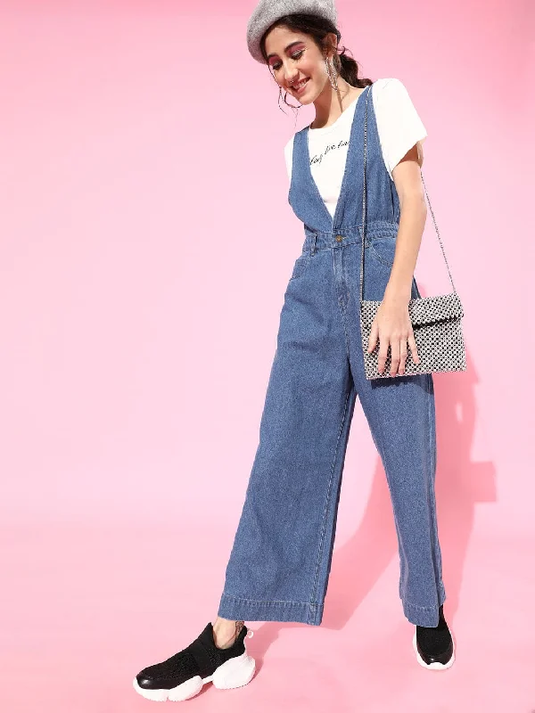 women's jumpsuits for laid-back looksBlue Deep V-Neck Denim Flared Leg Jumpsuit