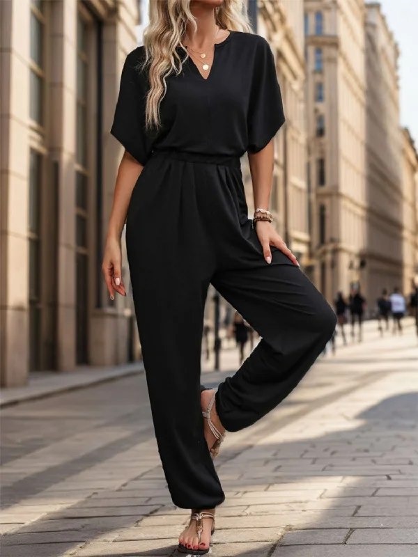 women's jumpsuits for high-performance fabricsNotched Half Sleeve Straight Jumpsuit