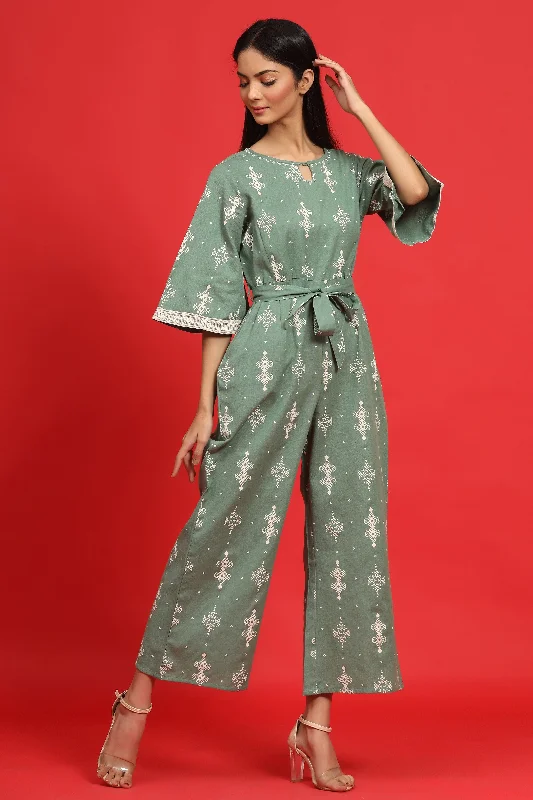 women's elegant jumpsuitsJuniper Sage Green Geometric Printed Cotton Flex Jumpsuit With Zip Closure