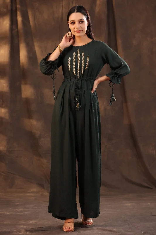 women's formal jumpsuitsJuniper Jade Green Ethnic Motif Printed Rayon Slub Jumpsuit With Zari Work Embroidery