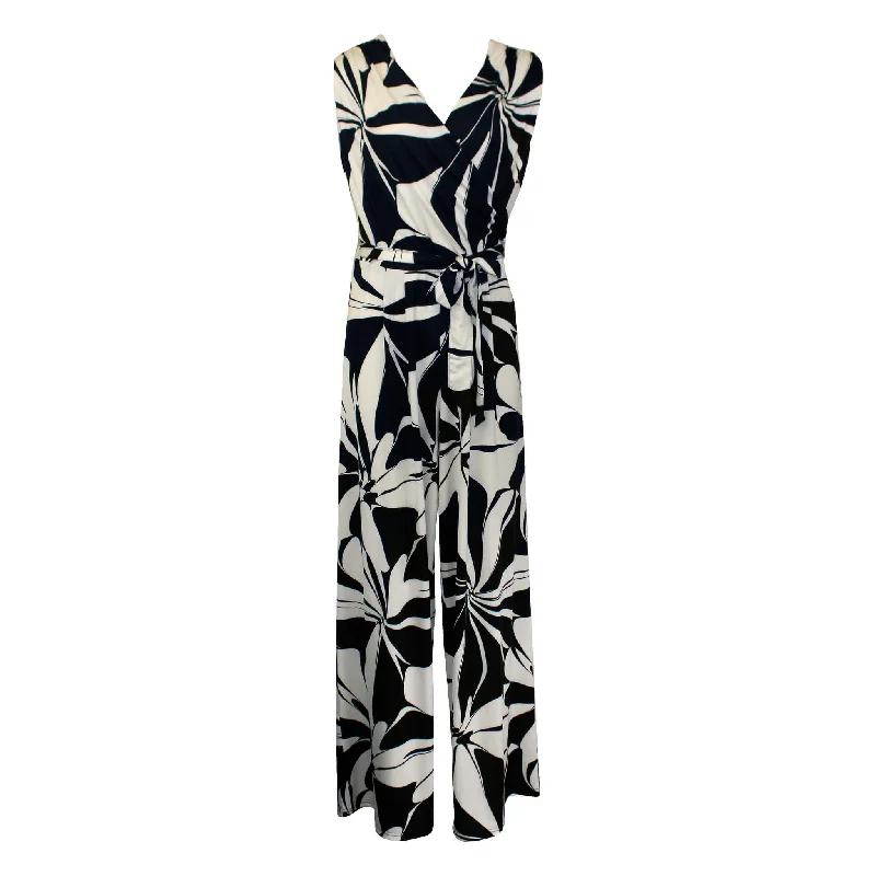 women's jumpsuits made of velvetLa Mer Luxe Winifred Sleeveless Jumpsuit - Black Cream Floral Swirl