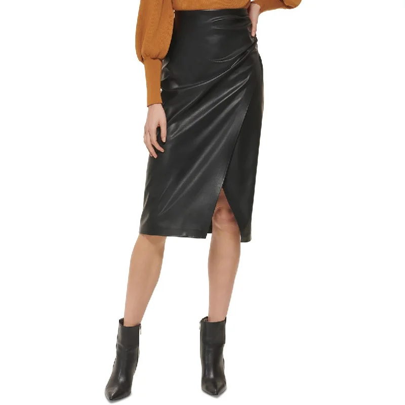 women's fall maxi skirtsWomens Faux Leather Midi A-Line Skirt