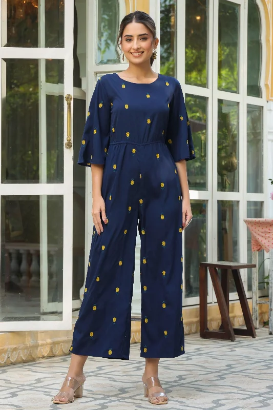 women's retro jumpsuitsJuniper Dark Blue Quirky Printed Poly Crepe Jumpsuit With Thread Work Embroidery