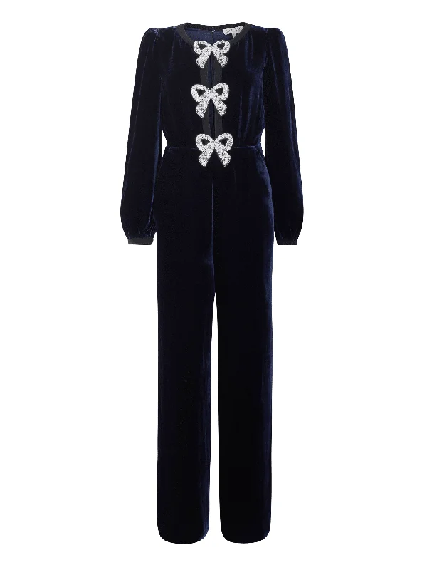 women's jumpsuits with solid colorsCamille Velvet Embellished Bows Jumpsuit in Navy