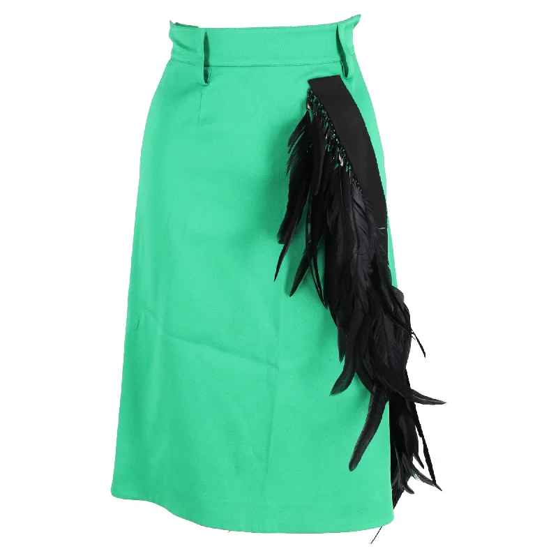 women's chic wrap skirtsPrada Feather-Trimmed Knee-Length A-Line Skirt in Green Wool