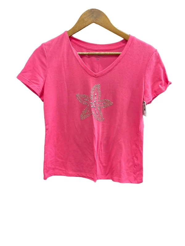 women's T-shirts with appliqué designsPink Top Short Sleeve Basic Clothes Mentor, Size M