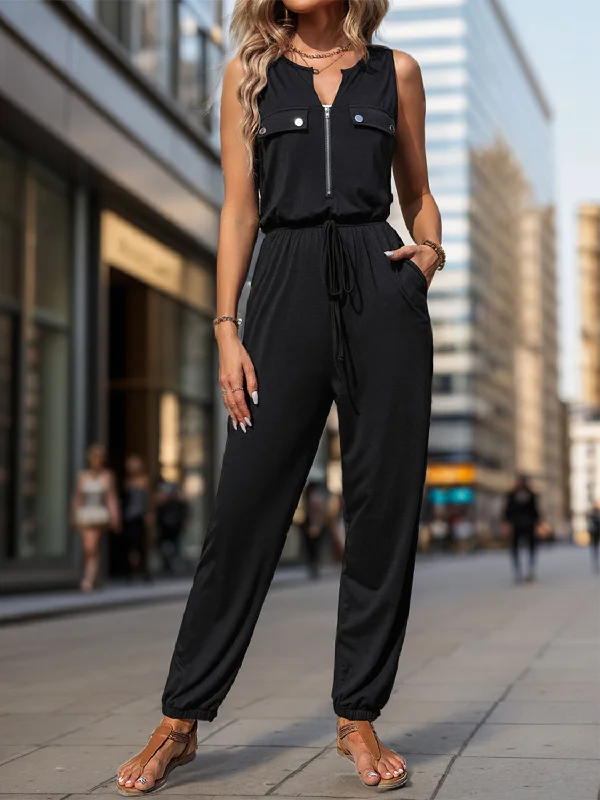 women's jumpsuits for stylish and functional fashionHalf Zip Sleeveless Jumpsuit with Pockets