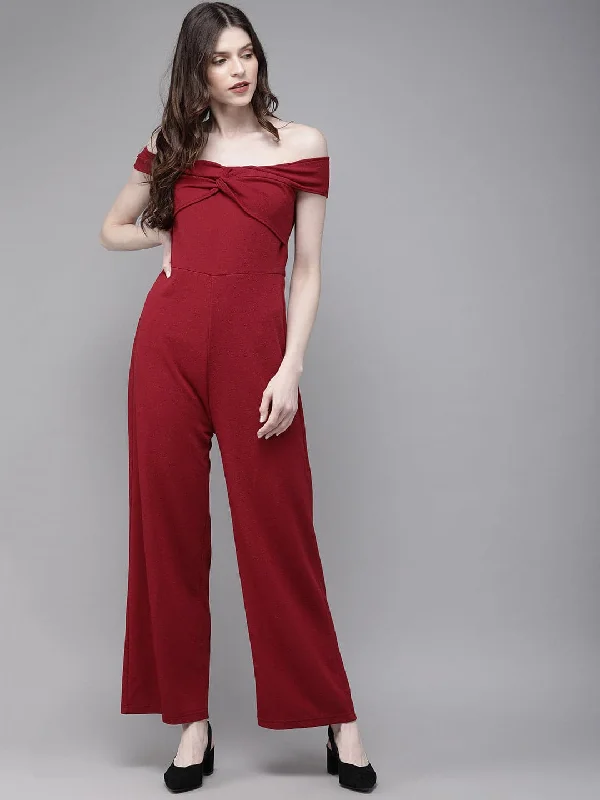 women's jumpsuits for easy dressingMaroon Off Shoulder Jumpsuit