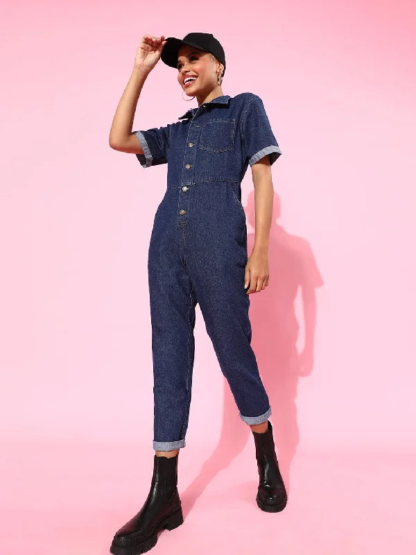 women's jumpsuits for statement fashionNavy Blue Denim Belted Jumpsuit