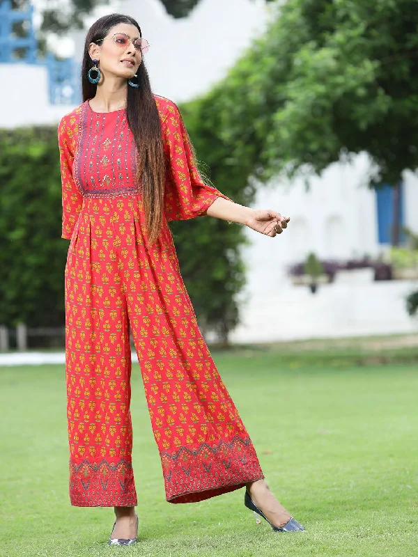 women's loose-fit jumpsuitsJuniper Coral Ethnic Motif Printed Rayon Flared Jumpsuit.