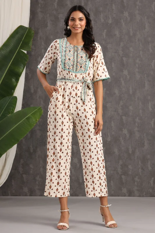 women's cozy jumpsuitsJuniper Ivory Ethnic Motif Printed Rayon Jumpsuit With Zip