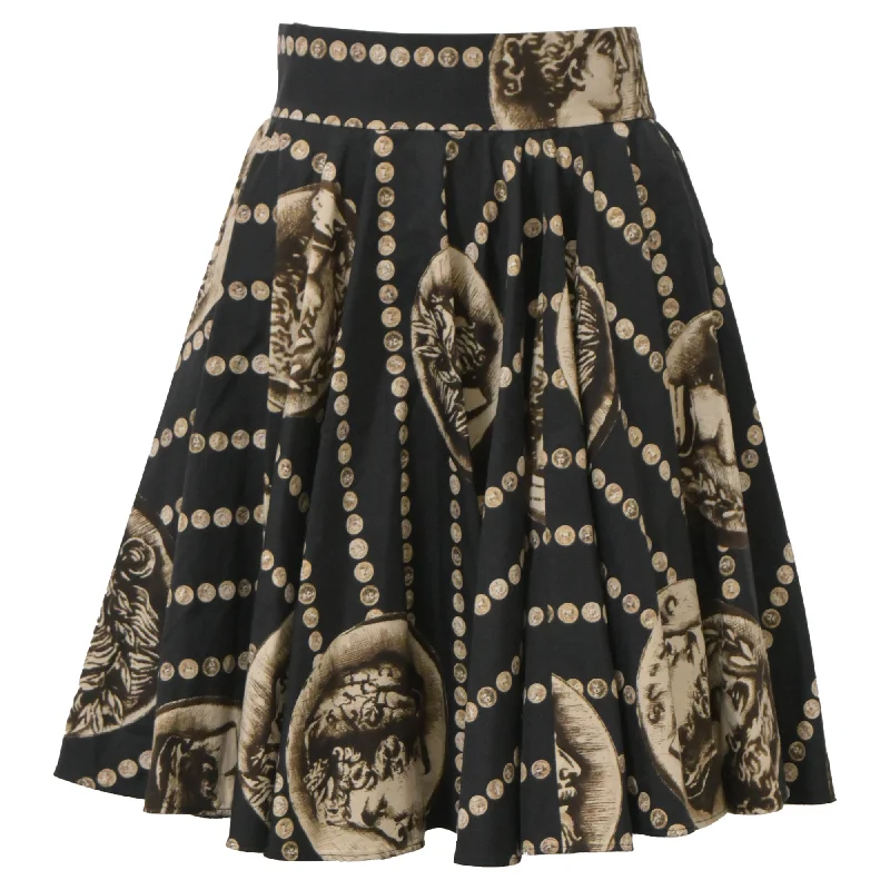 women's handmade casual skirtsDolce and Gabbana Roman Medallion Coin Print Mini Flared Skirt in Multicolor Cotton