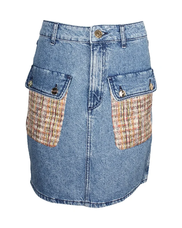 women's velvet skirtsSandro Paris Fiorina Tweed-Paneled Denim Skirt in Blue Cotton