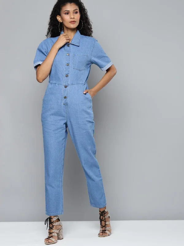 women's jumpsuits for versatile stylingBlue Denim Belted Jumpsuit