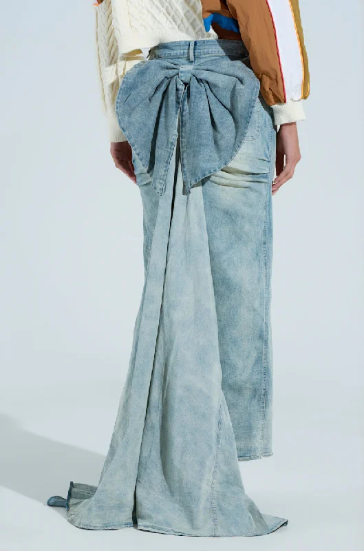 women's velvet wrap skirts for elegant eveningsOH THE DRAMA BACK BOW DENIM MAXI SKIRT WITH TRAIN