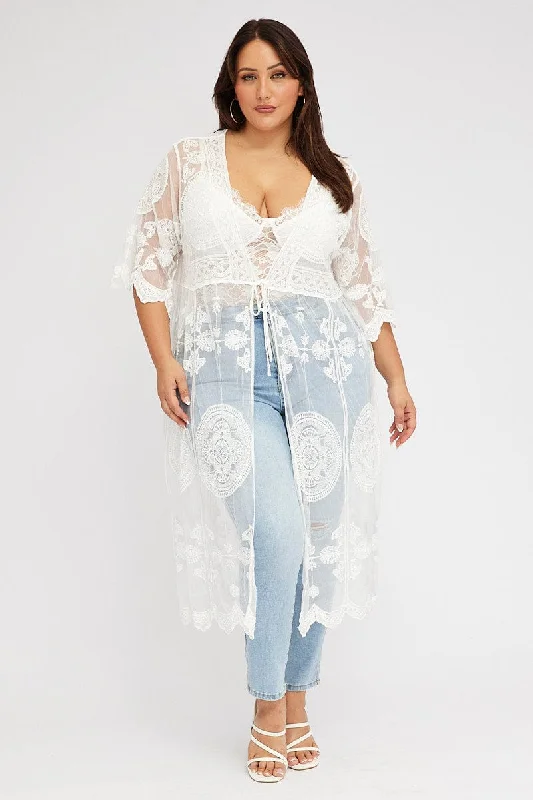 women's coats that offer both functionality and fashion-forward flair.White Lace Mesh Kimono