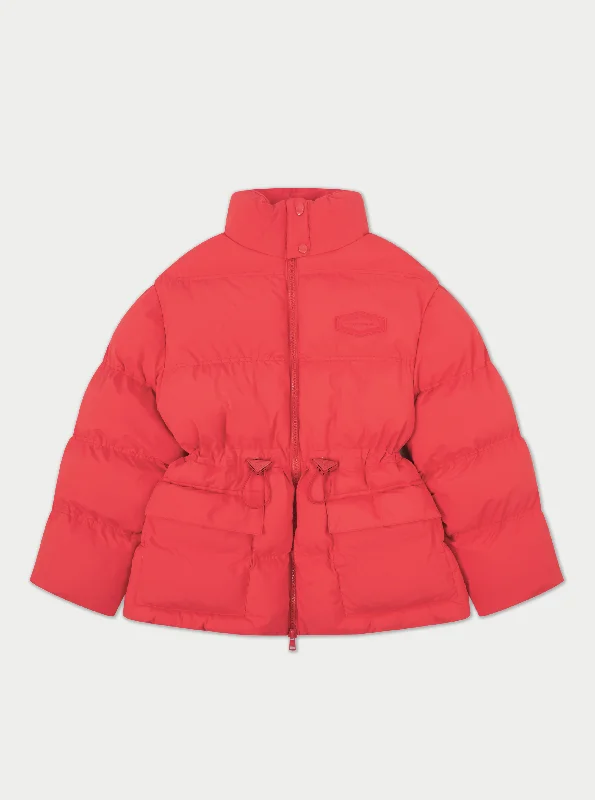 cozy women's coatsTIE WAIST PLEATED PUFFER COAT - RED