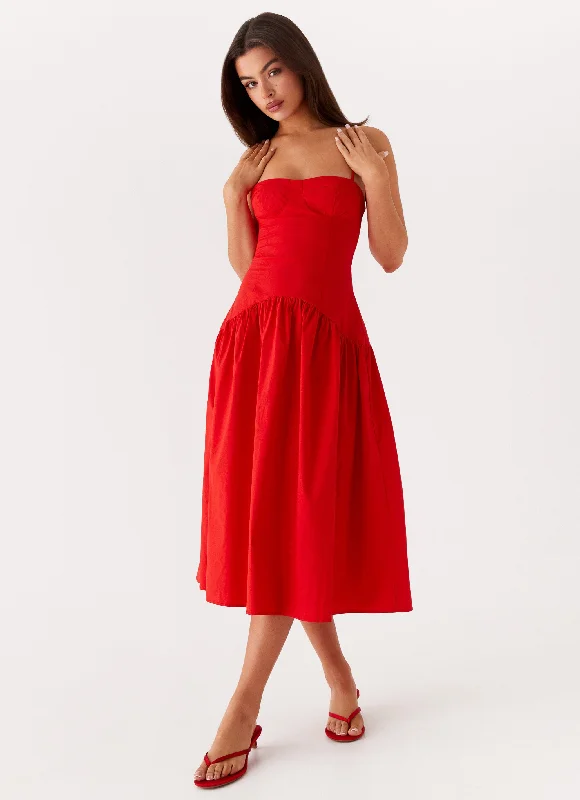 women's satin dressesYvette Corset Midi Dress - Red