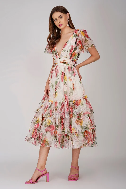 women's silk dressesMadison Tulle Midi Dress in Floral Print