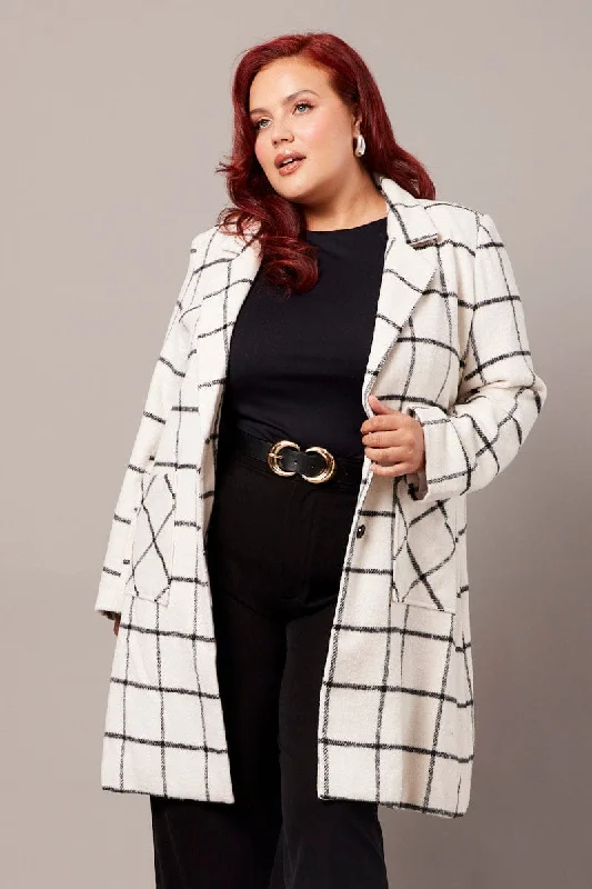 women's coats with zippersWhite Check Long Coat Lined Button Front