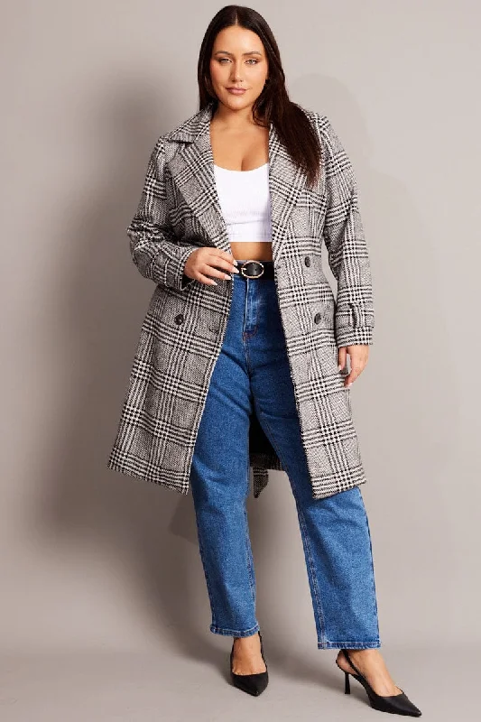 women's coats with embroidered patternsBlack Check Coat With Belt