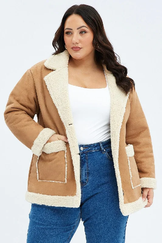 women's coats for breastfeeding mothersCamel Shearling Coat Faux Suede