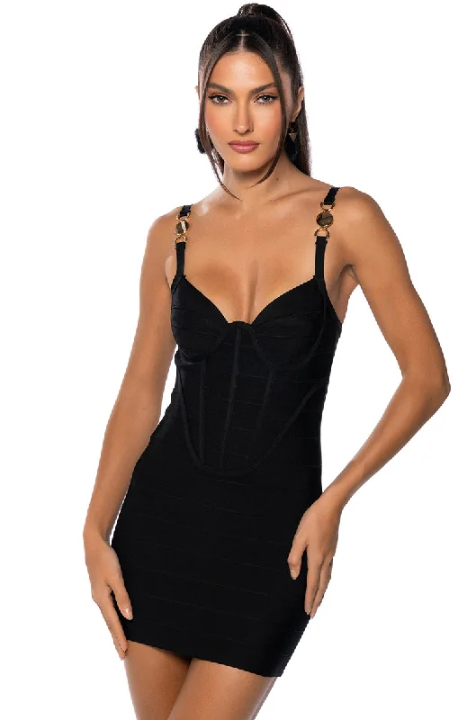 women's statement dressesQUINN BANDAGE MINI DRESS IN BLACK