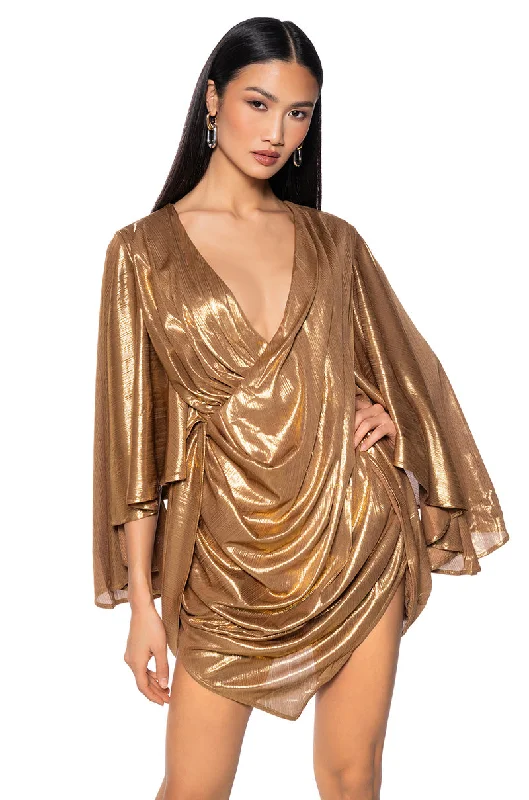 women's empire waist dressesFANTASY DRAPED METALLIC MINI DRESS