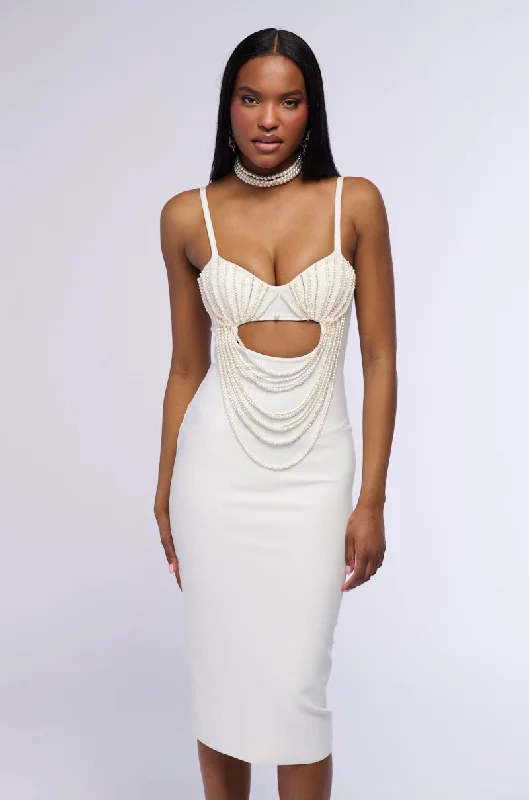 women's lightweight dressesHARRIET DRAPED PEARL BODYCON MIDI DRESS IN WHITE