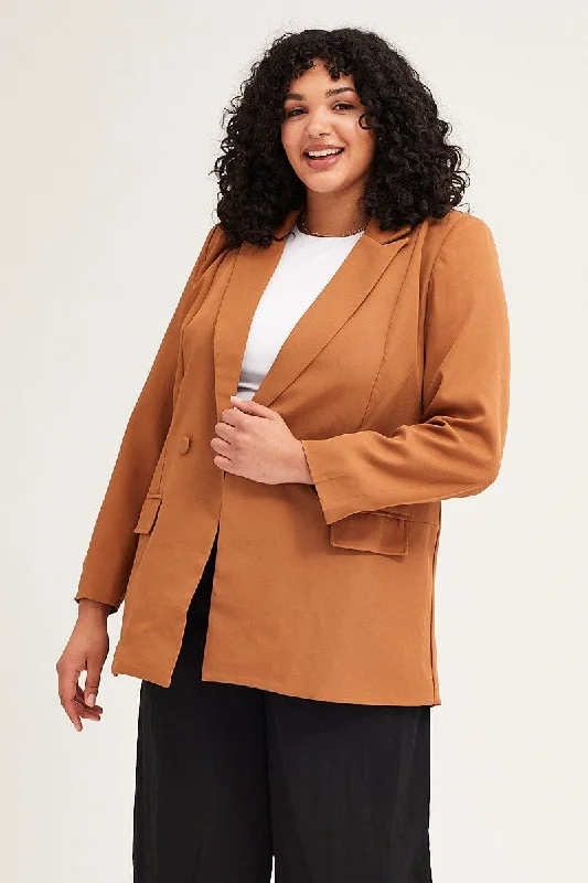 women's coats with oversized fitsBeige Long Sleeve Double Breasted Blazer