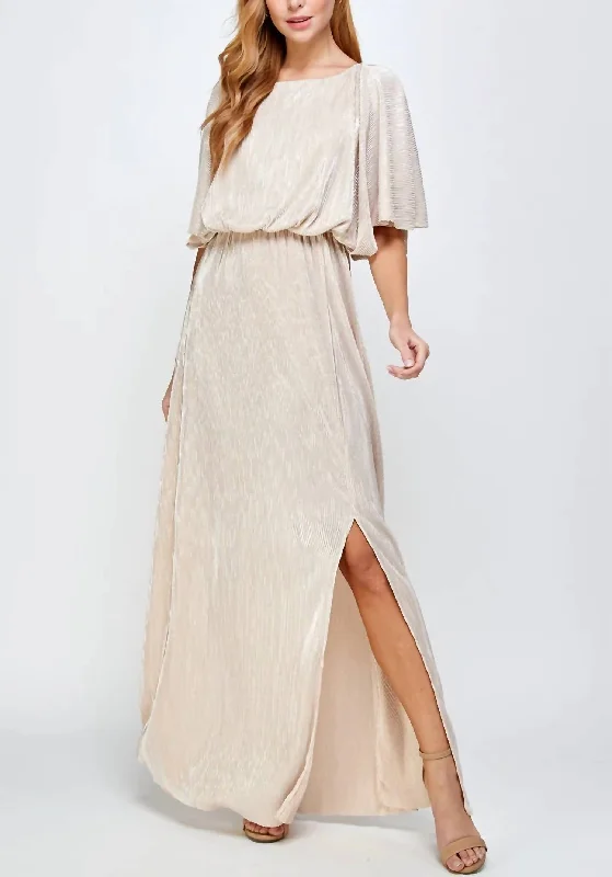 women's stretch dressesCAPE STYLE METALLIC STRIPE PLEATS MAXI DRESS in Gold