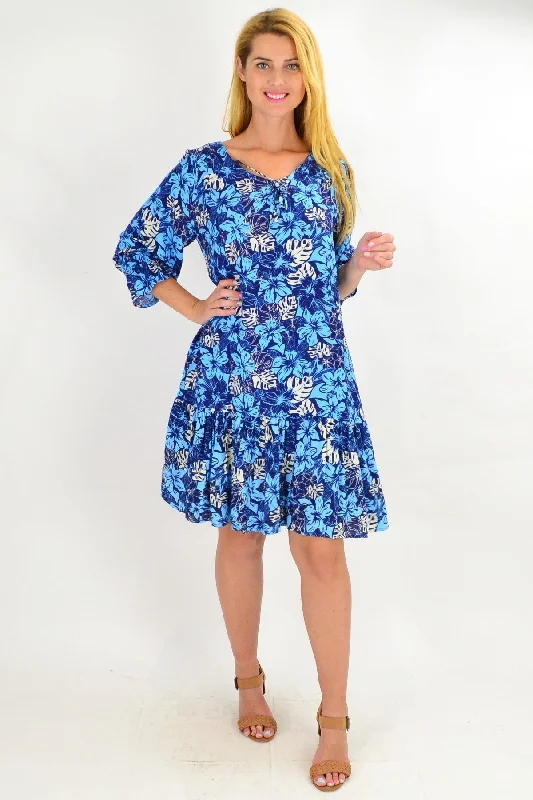 women's coats for maternity wearBlue Hawaiian Ruffle Sleeve Tunic Dress