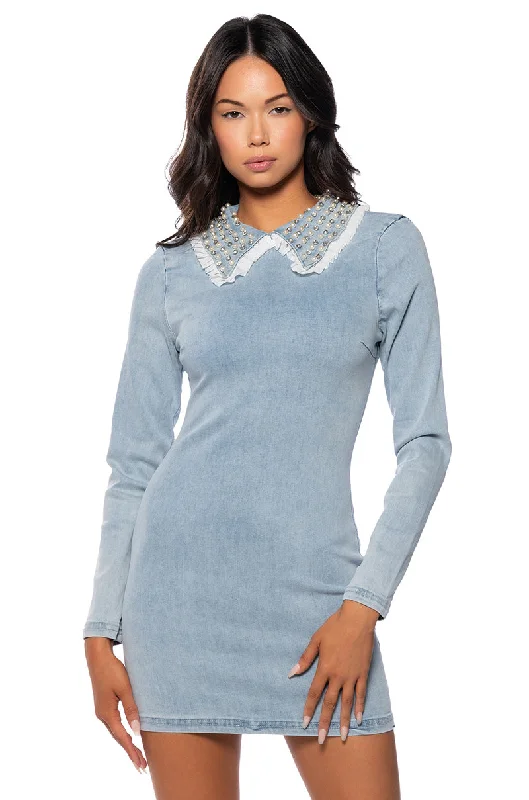 women's mini dressesBEJEWELED COLLAR DENIM MINI DRESS