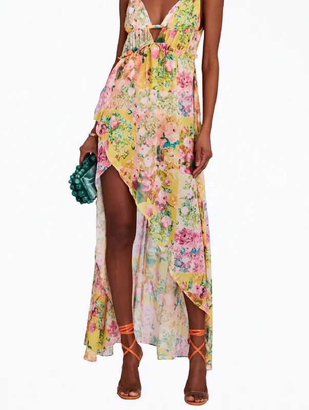 women's bodycon dressesMadison Floral-Print Asymmetric Chiffon Maxi Dress In Yellow