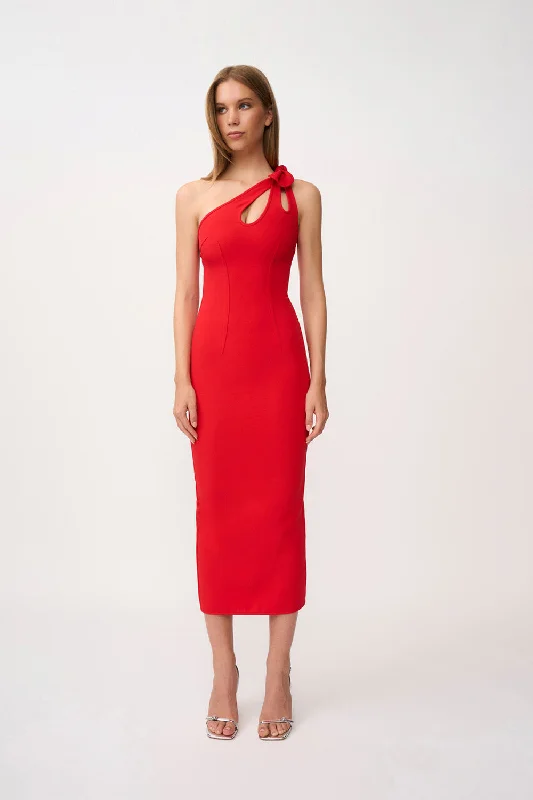 women's ruffle dressesChiara One Shoulder Midi Dress - Red