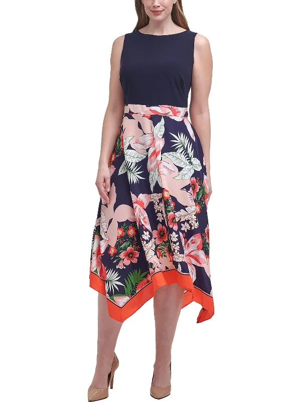 women's stretch dressesPlus Womens Floral Print Midi Fit & Flare Dress