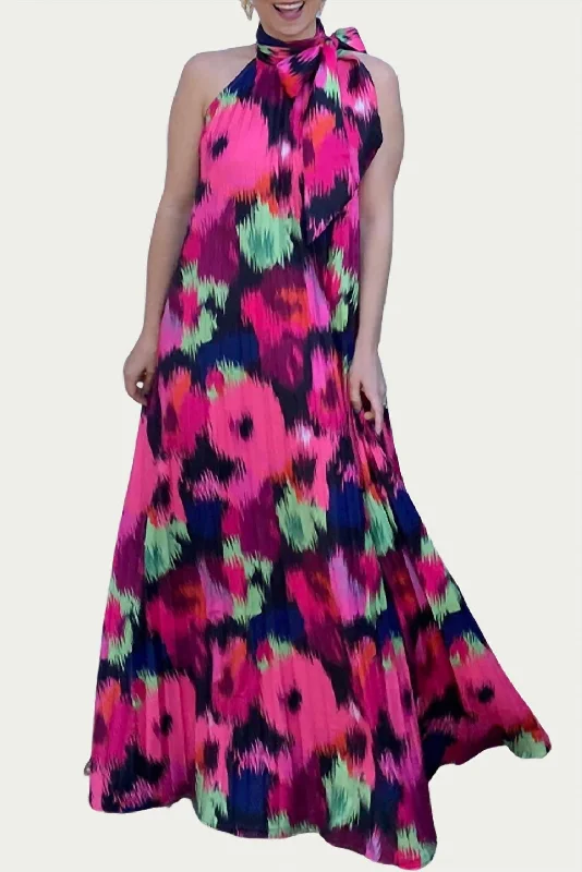 women's halter dressesPoppy Pleated Satin Maxi Dress in Ikat Roses