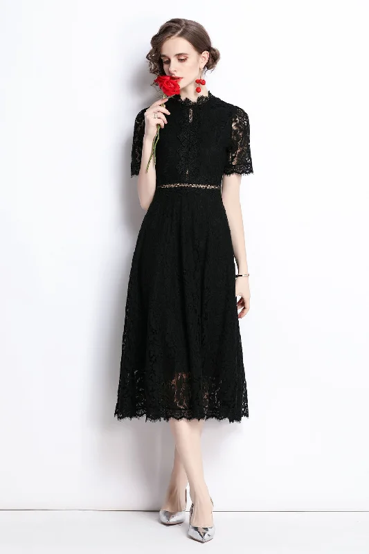 women's curve-hugging dressesBlack Evening A-line Crewneck Short Sleeve Midi Lace Dress