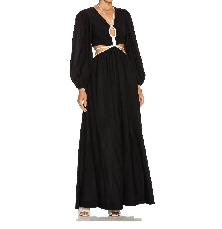 women's solid color dressesTierneigh Solid Puff Sleeve Teardrop Cut Out Maxi Dress In Black