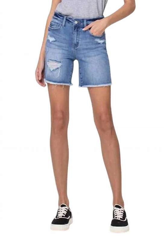 women's knee-length shortsStretch High Rise Midi Short In Medium Wash