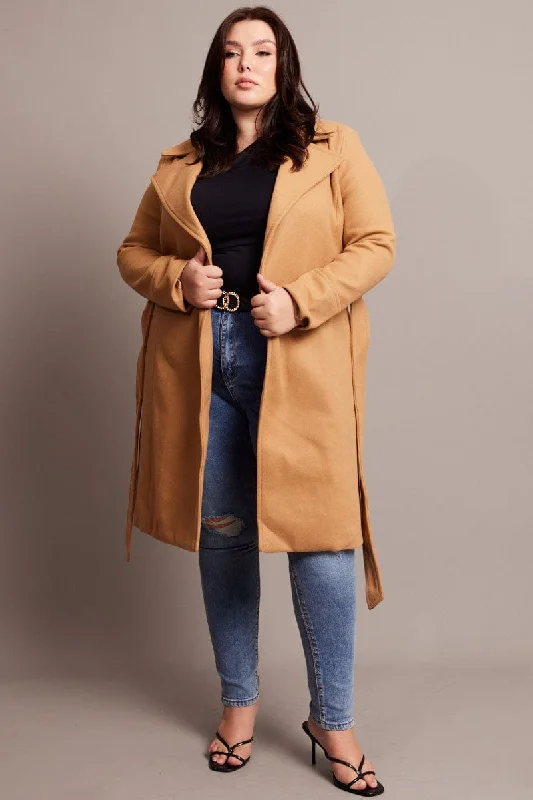 peacoats for womenBeige Long Belted Wrap Coat