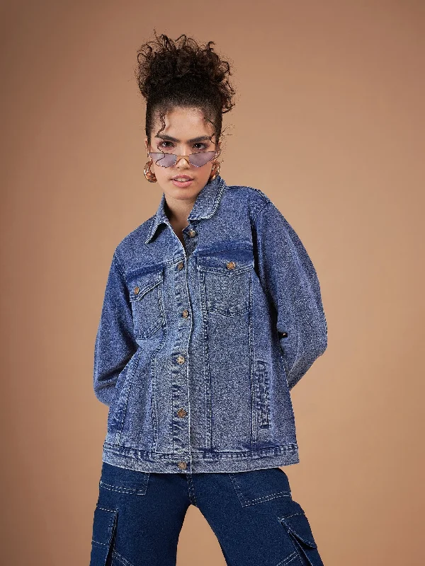 women's coats for snowboardingWomen Navy Washed Denim Oversized Jacket