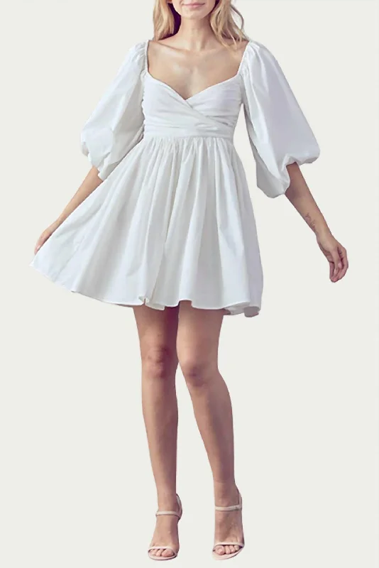 women's wedding guest dressesShirred Wrap-Effect Cotton Mini Dress in White