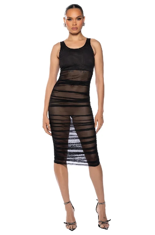 women's striped dressesECHO MESH RUCHED SLEEVELESS MIDI DRESS IN BLACK