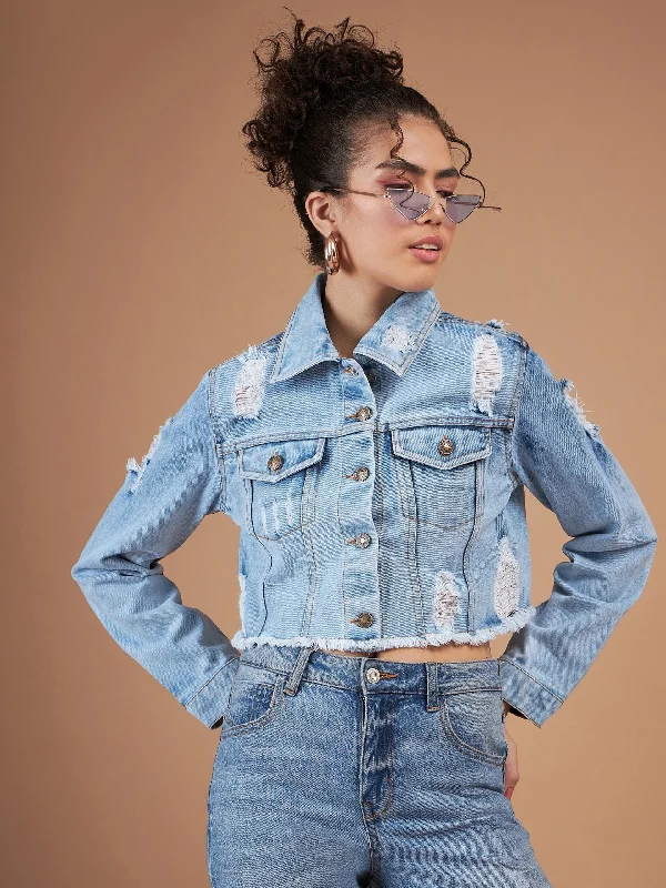 women's coats made in ethical factoriesWomen Ice Blue Distressed Denim Crop Jacket