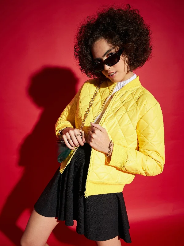 casual women's coatsWomen Yellow Diamond Quilted Bomber Jacket