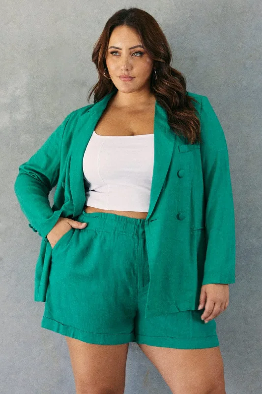 cozy women's coatsGreen Linen Blazer Long Sleeve Double Breasted